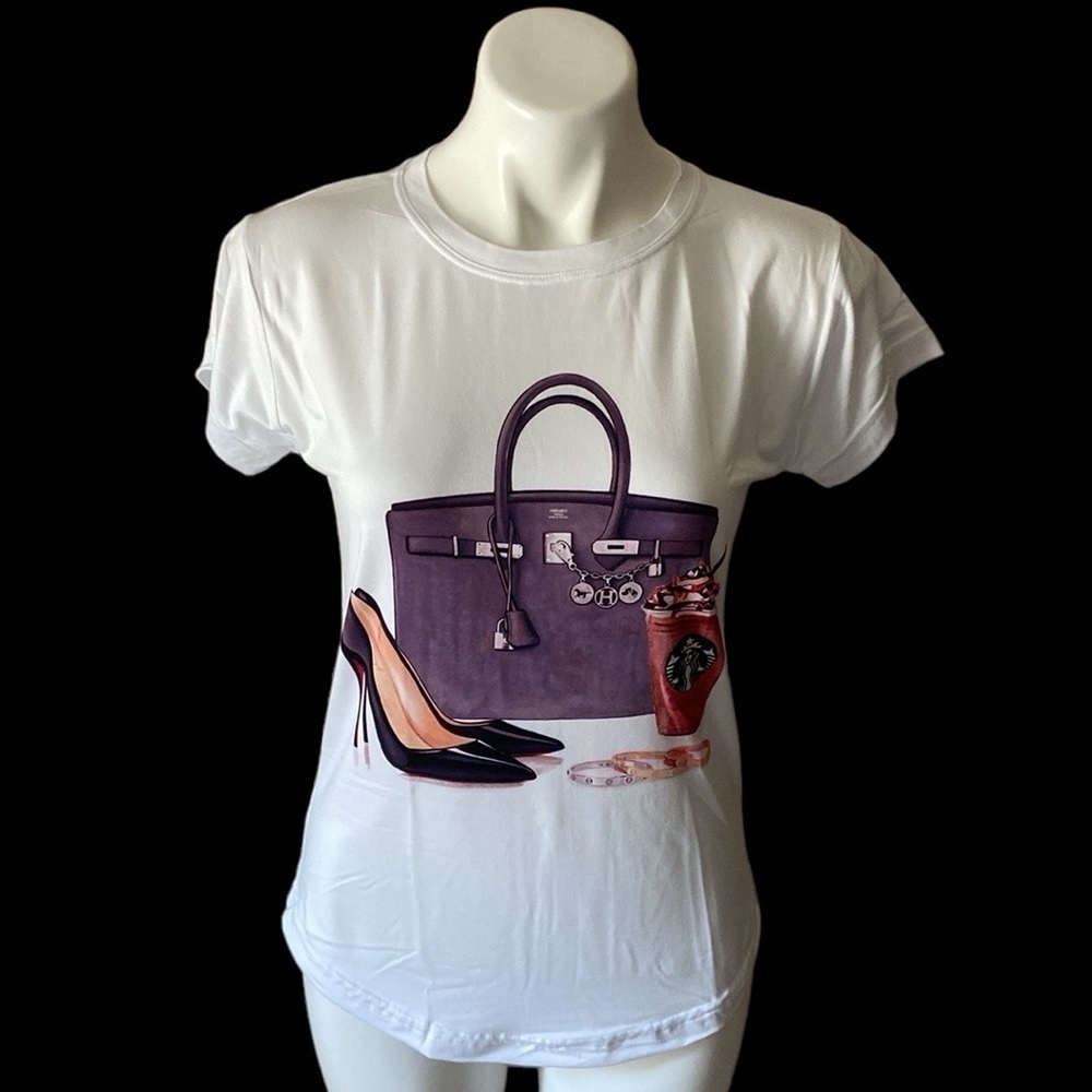 Handmade Birkin Bag And Starbucks Coffee White Short Sleeve T Shirt Size Medium